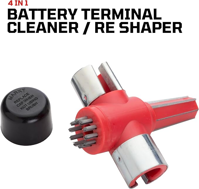 EZRED 4-Way Battery Terminal Cleaning Automotive Maintenance Tool, Clean Out Terminal Clamps, Clean and Reshape Posts, Brush Away Corrosion