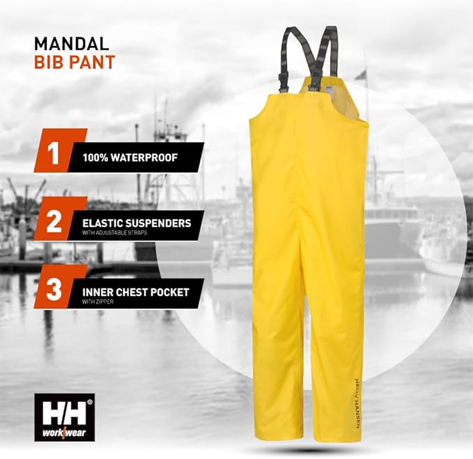 Helly Hansen Mandal Waterproof Bib Overalls - Waterproof Fishing Pants for Men - Heavy Duty Rain Gear - Zip Work Overalls
