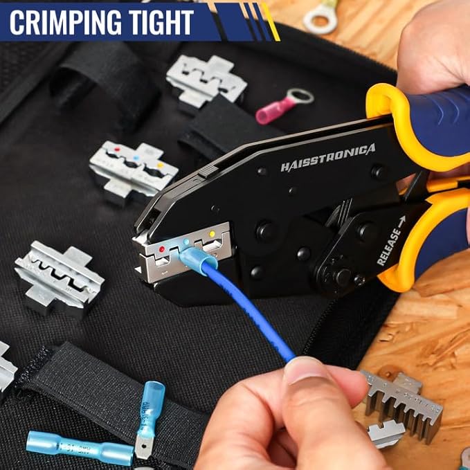 haisstronica 6 in 1 Crimping Tool Kit, Professional Ratchet Wire Crimper with 6 PCS Interchangeable Dies for Heat Shrink, Non-Insulated,Ferrule,Open Barrel,Insulated Connectors, Men Tool Gifts