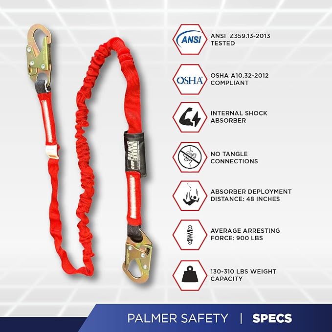 Palmer Safety ATERET L121133 2 Pack 6' Internal Shock Absorber Lanyard Single Leg w/ Snap Hook I OSHA/ANSI Compliant Restraint Lanyards I Ideal Use for Arborist, Roofer & Construction Workers