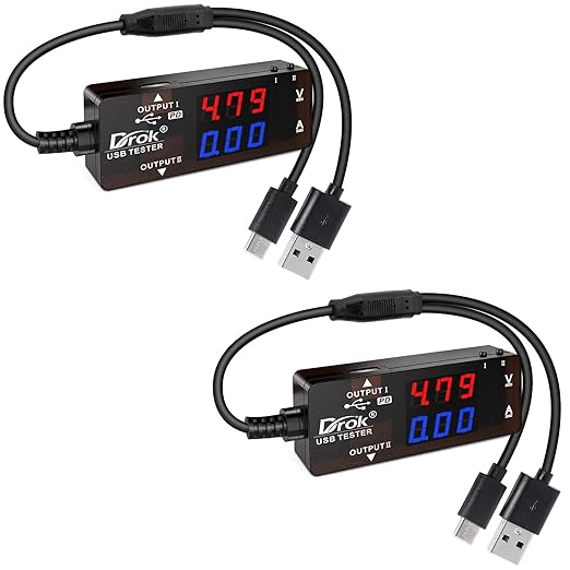 DROK USB Tester 2pcs, USB-A USB-C 2.0 Multimeter Dual USB Ports PD QC 3.0 with Color LED Display Battery Charger Monitor, 7 Modes Capacity Voltage Current Power for Laptop Power Bank Solar Panel