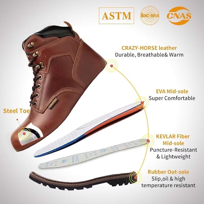 Work Safety Boots for Men Durable Crazy-Horse Leather Indestructible Steel Toe Waterproof and Non-Slip Better Warmth Men Work Shoes