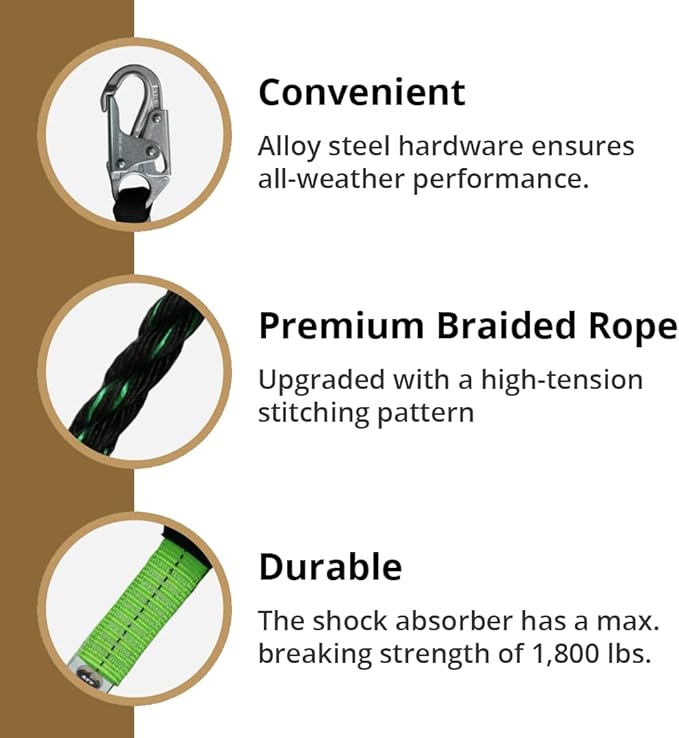 AFP 50 FT Vertical Lifeline Assembly w/Rope Grab Snap Hooks & Shock Absorber, ANSI & OSHA Rated Fall Protection Roofing Safety Equipment