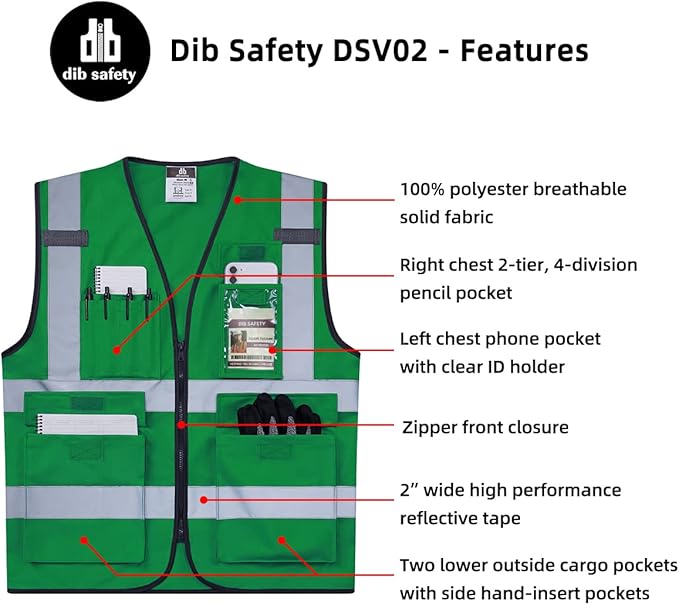 Dib Safety Reflective Vest ANSI Class 2, High Visibility Vest with Pockets and Zipper, Construction Work, Hi Vis