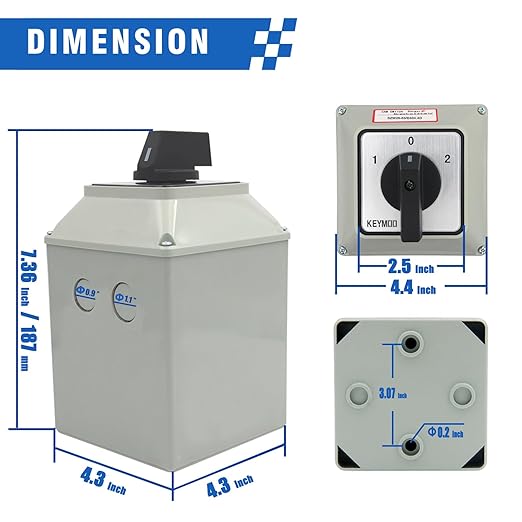 63A Rotary Changeover Switch with Exterior Box, 4NO 4NC 2-Ways 3 Position 4 Phase 16 Terminals Universal Selector Switch, Cam Switch with Waterproof Enclosure IP65, 63/D404.4D
