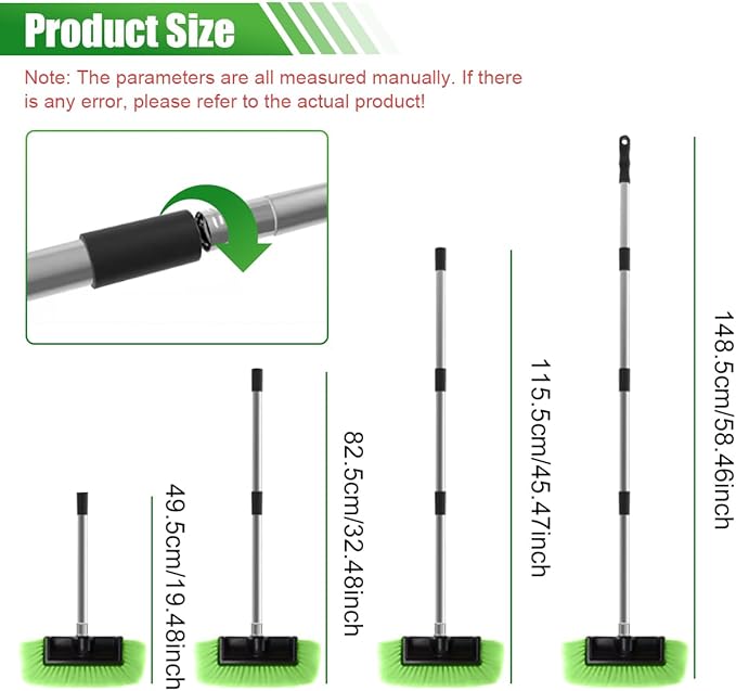 59" Car Wash Brush with Long Handle, No Scratch Soft Bristle Cleaning Brush, Extendable Windshield Cleaner Tool, Car Cleaning Kit for Boat, RV, Truck, House Siding, Solar Panel (Green)