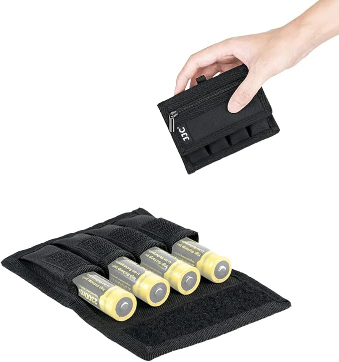 JJC Polyester 18650 Battery Pouch Case for 4PCS 18650Battery with Extra Zipped Pocket, Hoop&Loop Closure Design 18650 Battery Storage Organizer, Water-Resistant and Easy Carrying with Carabiner