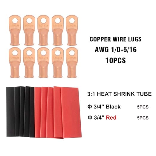 Sanuke Wire Lugs Ring Terminal Connectors 10 Pack-1/0Guage (AWG) - 5/16" Ends, Heavy Duty Wire Connectors for Battery Cable Lug Wire Electrical Eyelets with 3:1 Dual Wall Adhesive Heat Shrink