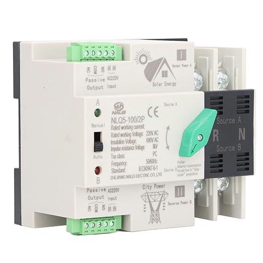 2P 220V Automatic Transfer Switch ATS Mini Changeover Switch for Generator Emergency Power Backup System with DIN Rail Mount 63A 100A