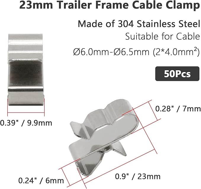 50Pcs Trailer Frame Wire Clips, 23mm Length Solar Panel Wire Clips, 304 Stainless Steel Cable Clamps Double-Wire Clips for PV Wiring Boat Cable