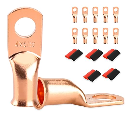 10 PCS Battery Terminal Connectors, Battery Cable Ends Lugs, 4 Gauge Wire Connectors, 4 AWG 5/16" Stud Ring Terminals, Copper Wire Lugs with Heat Shrink Tubing.