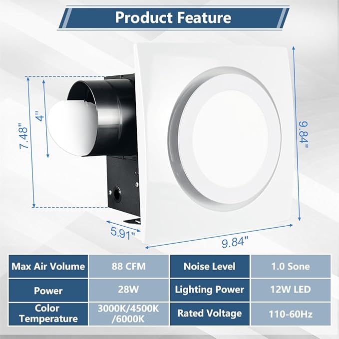 Bathroom Exhaust Fan with Light 88CFM 1.0 Sone, Quiet 28W Bath Shower Fan 3CCT Color LED Light Adjustable 8 x 8 inch Extractor Vent for Bathroom White