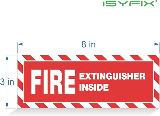 iSYFIX Fire Extinguisher Inside Signs Stickers – 4 Pack 8x3 Inch – Self-Adhesive Vinyl Decals, Laminated for UV, Weather, Scratch, Fade Resistance, for Cars, Trailers, Rv's, Trucks and Vehicles