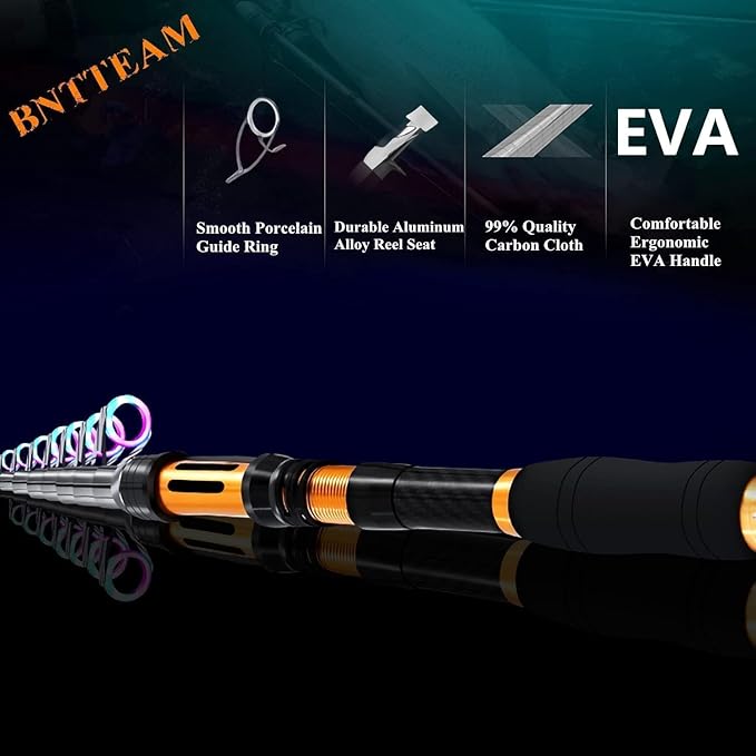 Portable Fishing Spinning Rod and Reel Combo Set Carbon Fiber Fluorescent Rod Tip, with Fishing Lures Line Carrier Bag Kits for Travel Surf Saltwater Freshwater