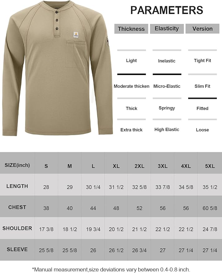 FR Shirts for Men Light Weight Flame Resistant Henley Shirts Long Sleeve Shirts HRC2/CAT2 6.5oz 100% Cotton