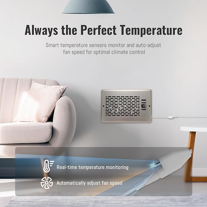 Register Booster Fan for 6" x 10" Register Holes, Quiet Vent Fan Booster with Intelligent Thermostat, Improves Heating Cooling, App Control, 10-Speeds, Manhattan Smart Register Vent, SN