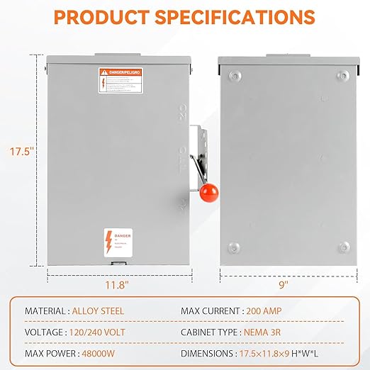 200 Amp Manual Transfer Switch, 120/240V 48000W Transfer Switches for Outdoor and Indoor Use, Heavy Duty Construction, Enlarged NEMA 3R Enclosure, Reliable and Stable, Multiple Safety Protections