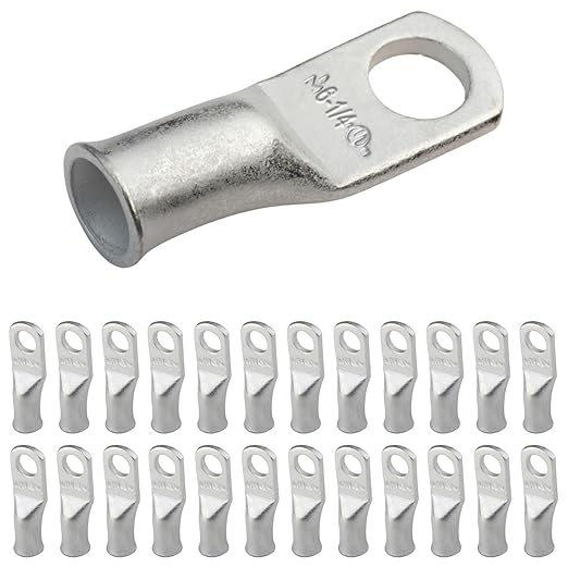SELTERM 25pcs 6 AWG 1/4" Stud Marine Grade Tinned Copper Battery Cable Lugs, 6 Gauge Ring Terminals, UL Wire Lugs Electrical Battery Cable Ends, Tinned Copper Lugs Battery Terminal Connectors