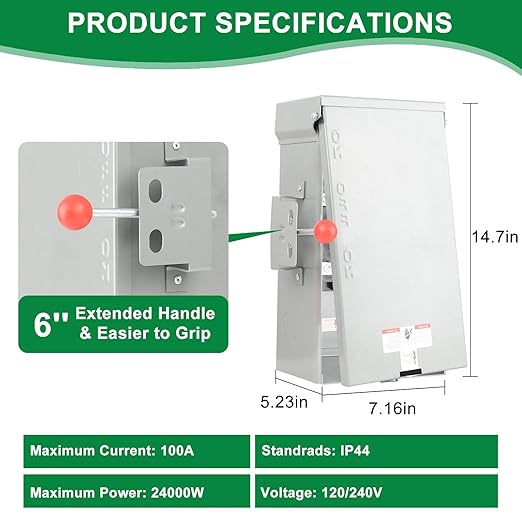 Manual Transfer Switch 100 Amp NEMA 4X, Generator Transfer Switch for Home Generator, Manual Heavy Duty Double-Throw 120/240 Volt, 24000W for Outdoor Indoor Use