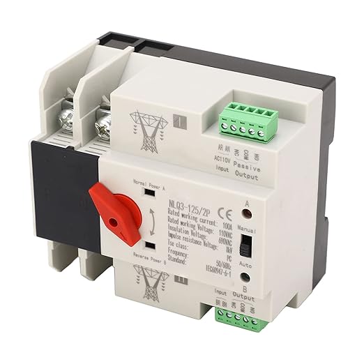 100A 110V Automatic/Manual Operation Transfer Switch,2P Mini Dual Power Transfer Switch,50Hz 60Hz 35mm Rail Mounting for Home Generator Factories Laboratories Farms Powering Supply