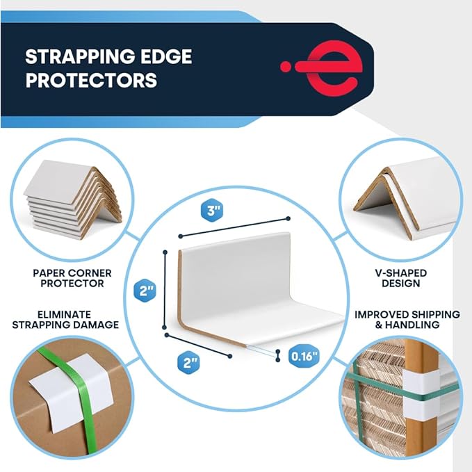 ESK Packaging® Strapping Edge Protectors, 2"W x 2"D x 3”L, Medium Duty, White, Cardboard Corners for Shipping, 200/Pack