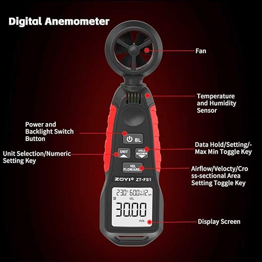 ZOYI ZT-FS1 Digital Anemometer, 3-in-1 Handheld Wind Speed Meter for Air Velocity, Wind Temperature & Air Flow (CFM/CMM), for HVAC, Drone, Fan, Ventilation Tester