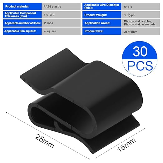 LINXIU Photovoltaic Cable Clamp Cable Clips Outdoor Trailer Frame Wire Clips Solar Panel Clip for PV Wiring Boat Cable Boat Trailer 30Pcs, 25*16mm, Black