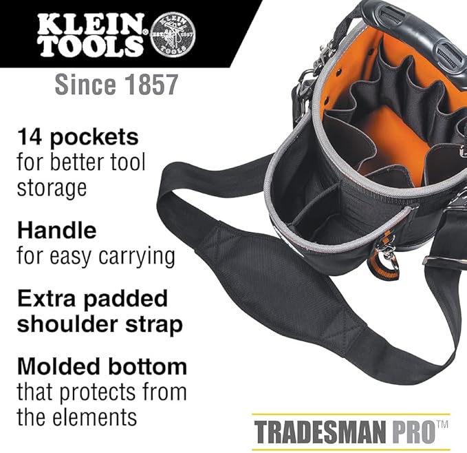 Klein Tools 55419SP-14 Tool Bag with Shoulder Strap Has 14 Pockets for Tool Storage, Can Fit Long Screwdrivers