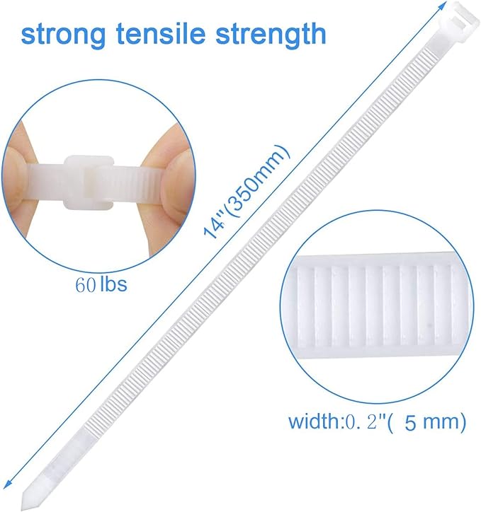 zip ties 14 inch white Cable ties wraps 100 pcs/Pack outdoor use Long plastic ties with 60 Pounds tensile