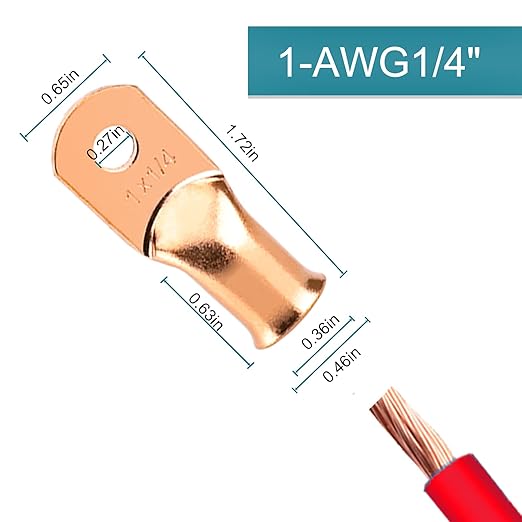 8 PCS Battery Terminal Connectors, Battery Cable Ends Lugs, 1 Gauge Wire Connectors, 1 AWG 1/4" Stud Ring Terminals, Copper Wire Lugs with Heat Shrink Tubing.
