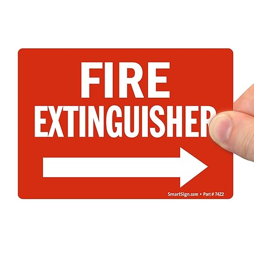 SmartSign 3.5 x 5 inch “Fire Extinguisher” Sticker Label with Right Arrow, Glossy Finish, 3 mil Laminated Adhesive Polyester, Red and White, Made in USA