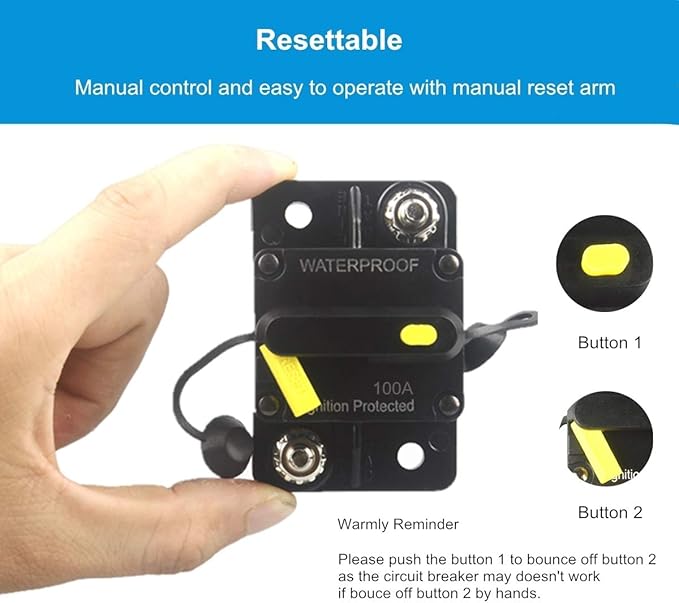 100 Amp Circuit Breaker DC 12V -48V Waterproof 30A-300A Manual Reset Fuse Inverter for Trolling Motor Auto Car RV Marine Boat Current Overload Protection (100A)