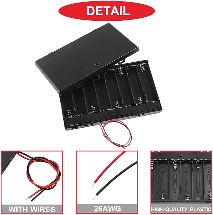 3Pcs 8 AA 12V Thicken Battery Holder Base Box Black Battery Case Holder with ON/Off Switch,Wire,Cover and Mounting Screws,for DIY and dc Equipment