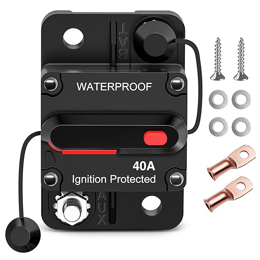 Nilight 40A Circuit Breaker Resettable 12-48V DC Manual Reset w/Copper Wire Lugs Surface Mount Overload Protection for Car Audio Sound Amplifier System RV Marine Boat Truck