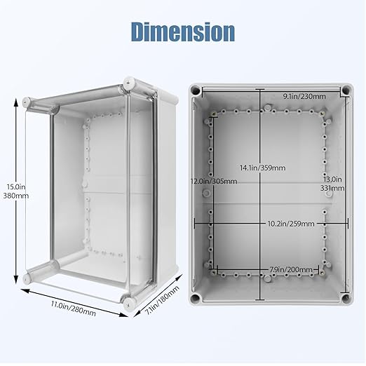 LeMotech Junction Box IP67 Waterproof Dustproof Electrical Box Project Box DIY Enclosure Gray with Transparent Clear Cover, External Size 15x11x7.1in (380x280x180mm)