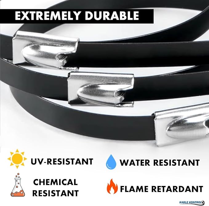 Kable Kontrol Black Metal Zip Ties - 8" Inch Long 100 Pcs, 200 Lbs Tensile Strength, Polyester Coated 304 Stainless Steel Cable Ties UV & Chemical Resistance, for Indoor & Outdoor Use