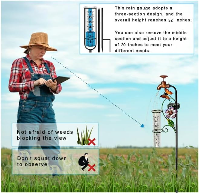 Glass Rain Gauge Outdoor,Solar Lights Faucet Stake with Rain Gauges,Flowing Water LED Lights Stake for Outside,Yard Art,Garden Decor
