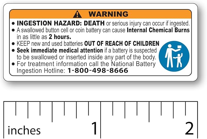 1,000 Button Cell or Coin Battery Warning Stickers Reese’s Law Compliant Small 2” x 0.8” Child Safety Ingestion Hazard Labels for Consumer Product Packaging Legible Text Oil-Proof Untearable Laminated