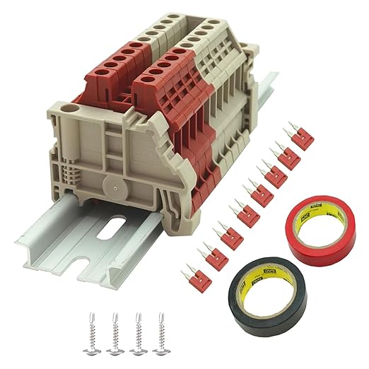 UL Red/Grey 10 Gang DIN Rail Terminal Blocks, with (8) 2P Jumpers,Dinkle DK4N 10-22 AWG, 30 Amp, 600 Volt