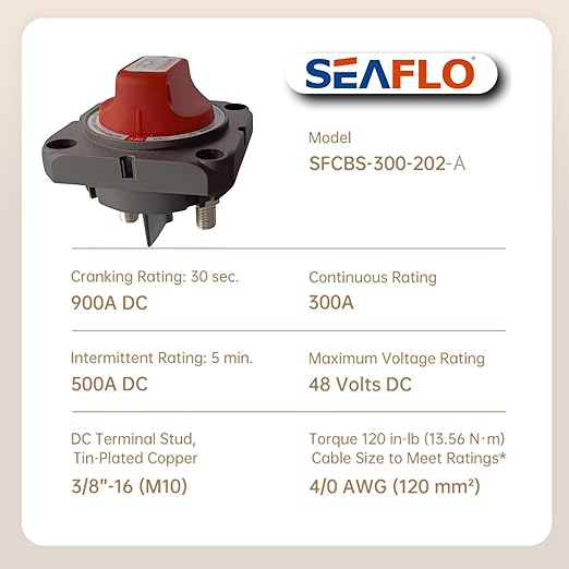 SEAFLO 300A Battery Disconnect Switch –12V/24V/48V Heavy-Duty Isolator Switch, Single Circuit ON/Off, IP66 Waterproof, Auto, Marine, Boat, RV, Car, ATV, CE & RoHS Certified (On/Off w/No-Cover|1-Pack)