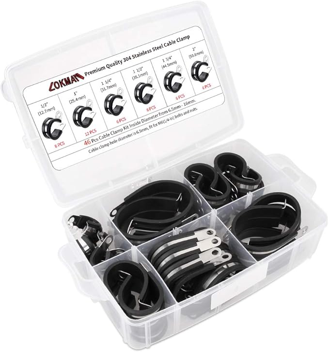Cable Clamp Assortment Kit, LOKMAN 46 Pieces 304 Stainless Steel Rubber Cushion Insulated Pipe Clamps Assorted in 6 Size 1/2'' 1'' 1.25'' 1.5'' 1.75'' 2''