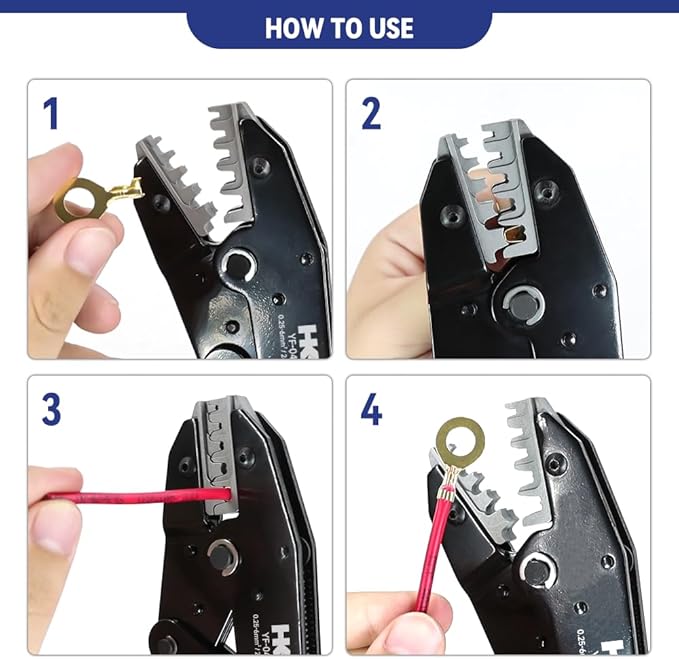 HKS Crimping Tool for Non-Insulated Open Barrel Terminals -for JST Molex TE Connectors - AWG 24-10 (0.25-6mm²) with Chrome-Moly Steel Wire Cutting Jaw - YF-04BS