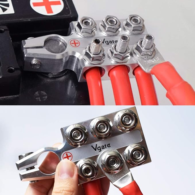 Vgate Lead Acid Battery Terminal Clamps, 8AWG up to 4/0(XL) AWG Gauge, 12-Way Connectors, Positive and Negative (+/-)(Pair) for SAE/DIN/EN Tapered Top Post