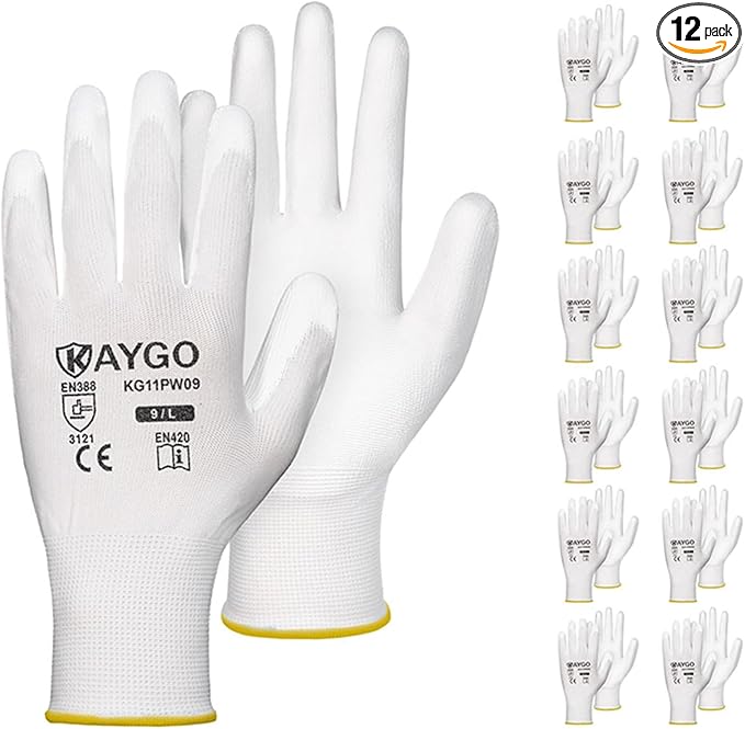 KAYGO Work Gloves for Men and Women, 12 Pairs Seamless Knit PU Coated Safety Gloves, with Smooth Grip on Palm and Fingers, Ideal for Light Warehouse, Manufacturing, Gardening, KG11P (L, White)