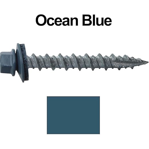 Metal ROOFING SCREWS: (250) 10 x 1-1/2" Ocean Blue Hex Head Sheet Metal Roof Screw. Self starting metal to wood siding screws. EPDM washer. Colored head
