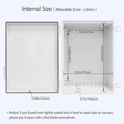 LeMotech Electrical Box, IP67 Waterproof Hinged Cover Stainless Steel Latch Junction Box, ABS Plastic Electrical Enclosure with Mounting Plate,Wall Brackets, Cable Glands,15.7"x11.8"x7.0",Grey