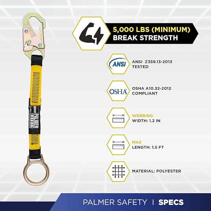 Palmer Safety 18" D-Ring Extender Fall Protection with 3/4" Snap Hook and D-Ring, Polyester Webbing with Chafe Guard, OSHA/ANSI Compliant (2-Pack)