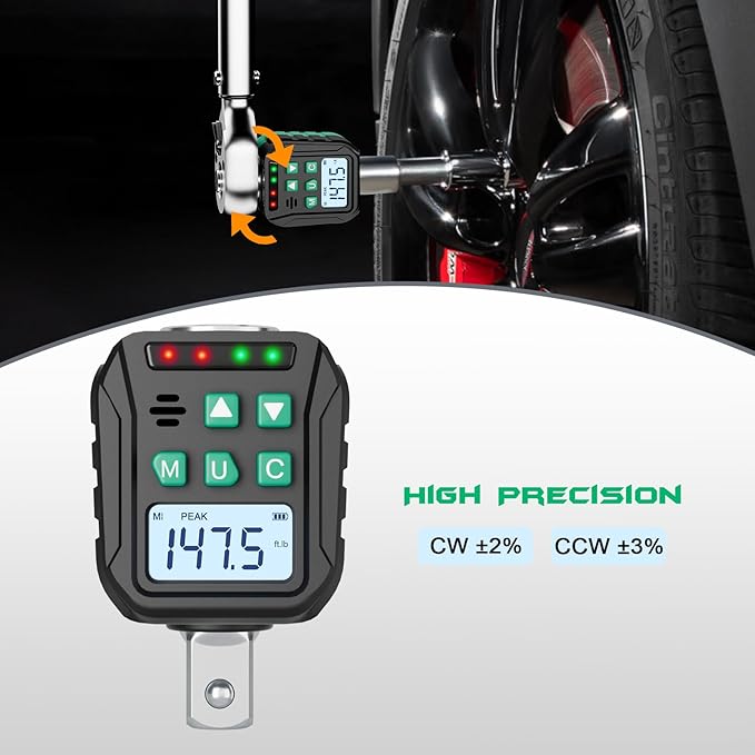 1/2-Inch Digital Torque Adapter, 7.38-147.5 Ft.lb/10-200 N.m, Electronic Torque Wrench Converter with ±2% Accuracy, Preset Function, Data Storage, 3/8” & 1/4” Adapter for Bike, Moto, Car