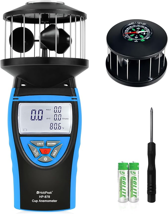 HoldPeak Handheld Cup Anemometer with Compass, 360° Wind Measuring Digital Air Wind Speed Meter, 93MPH Wind Speed Measuring Device Gauges for Outdoor Sailing HVAC Golf Shooting