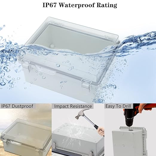 Zulkit Junction Box ABS Plastic Dustproof Waterproof IP67 Electrical Boxes Hinged Shell Outdoor Universal Project Enclosure Grey Clear Cover, Stainless Steel Buckles 8.7 x 6.7 x 4.3 Inch